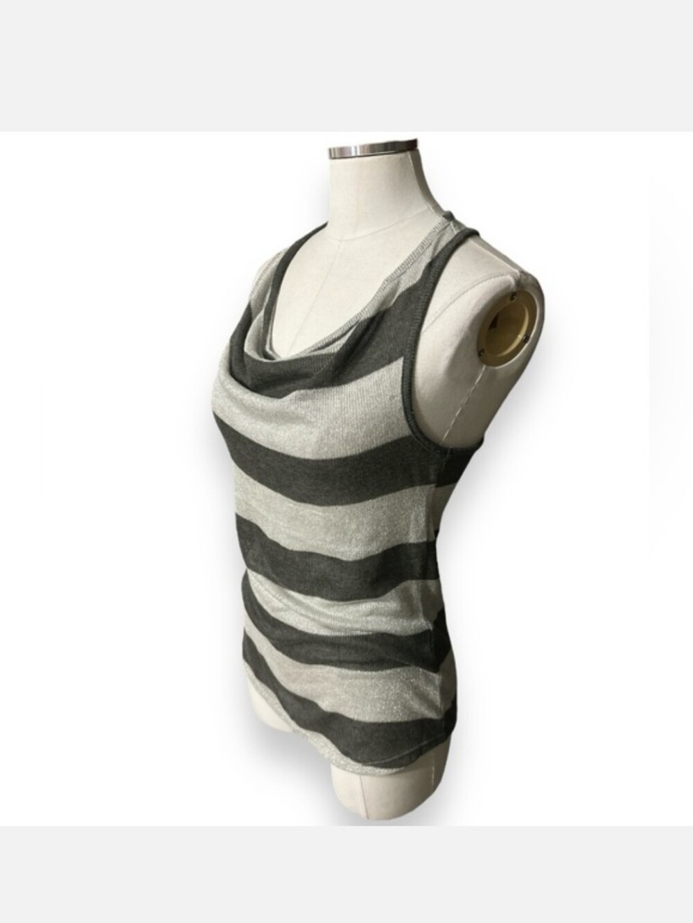 INC INTERNATIONAL CONCEPTS Metallic Grey Striped Lightweight Knit Cowl Neck Top